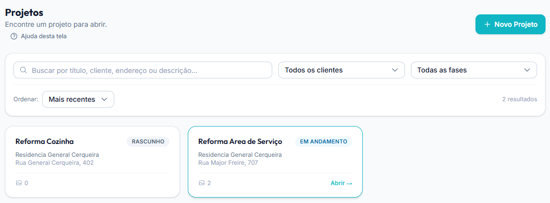 Lista de obras: cada uma em um cartão com a fase (Rascunho, Em andamento) e a contagem de fotos.