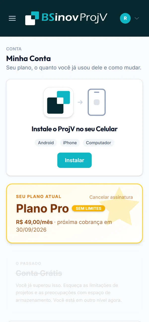 Convite do ProjV para instalar o aplicativo na tela inicial do celular