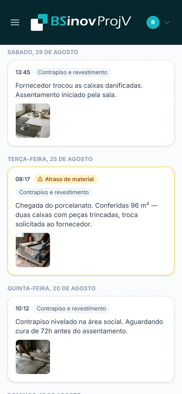Diário da obra no celular com registros por data, fotos e uma ocorrência marcada