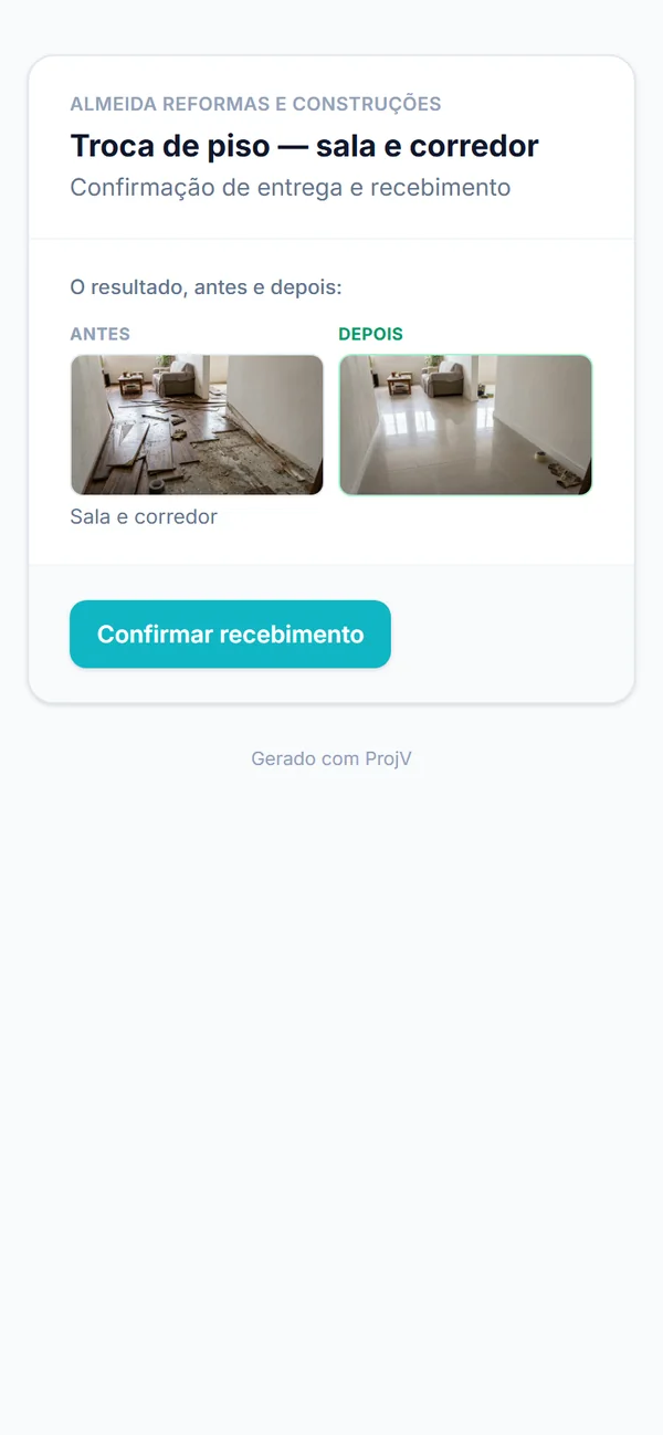 Página de confirmação de entrega aberta pelo cliente no celular, com as fotos do antes e depois