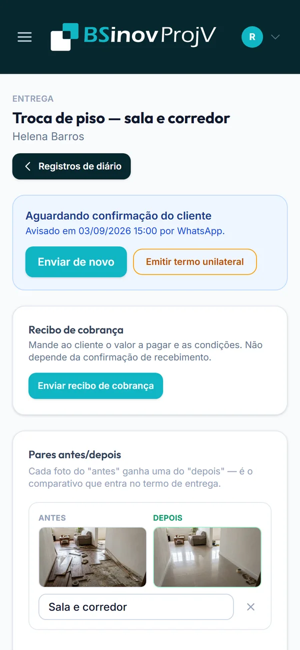 Tela da entrega da obra com o prazo sem resposta do cliente vencido e a opção de emitir o termo