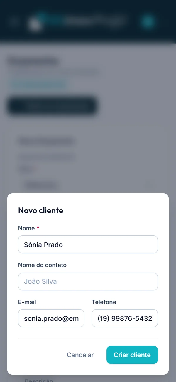 Tela do ProjV com o cadastro rápido de cliente dentro do orçamento