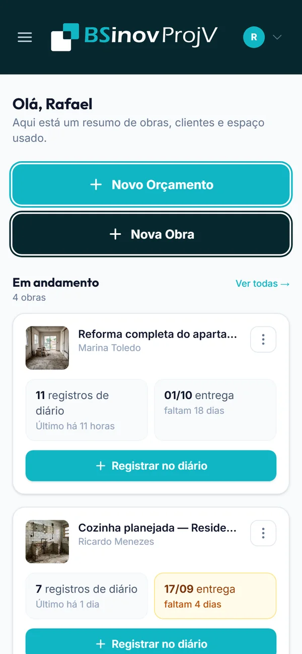 Painel do ProjV no celular com as obras em andamento, o prazo de cada uma e o botão de registro no diário