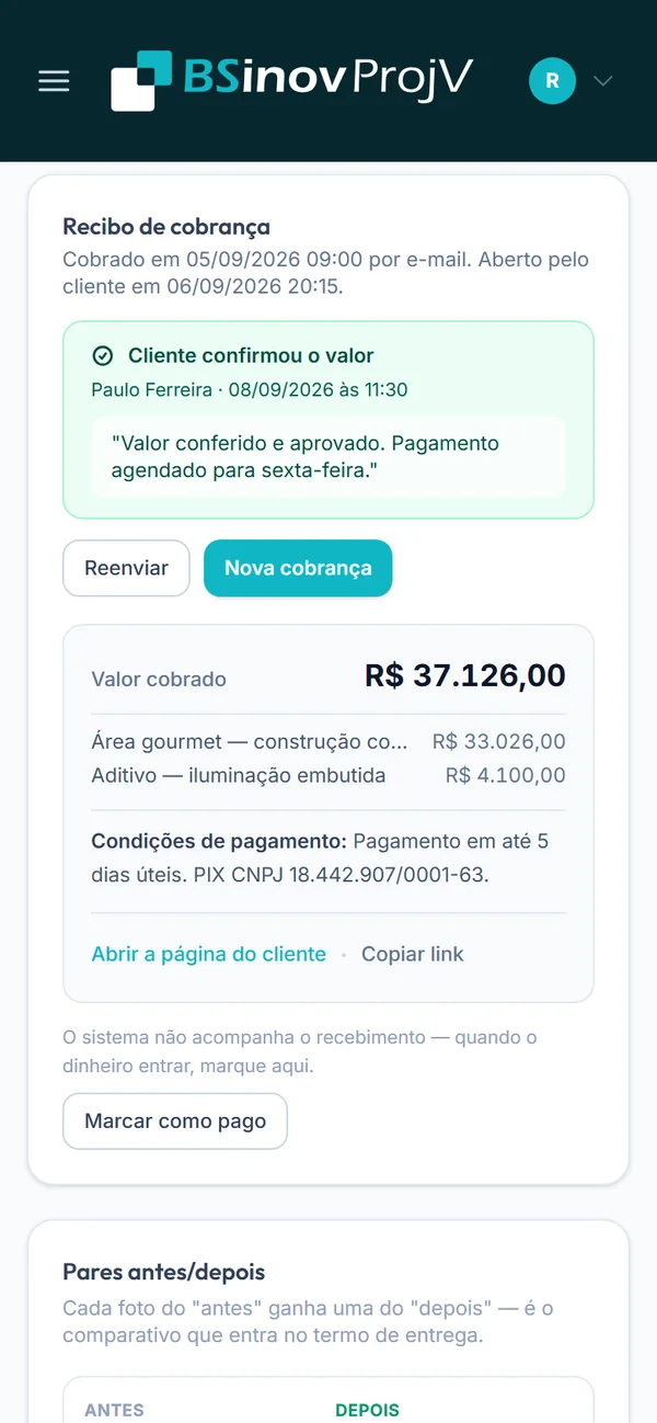 Recibo de cobrança da obra no ProjV com o valor cobrado, uma linha por orçamento e a confirmação do cliente com nome e data